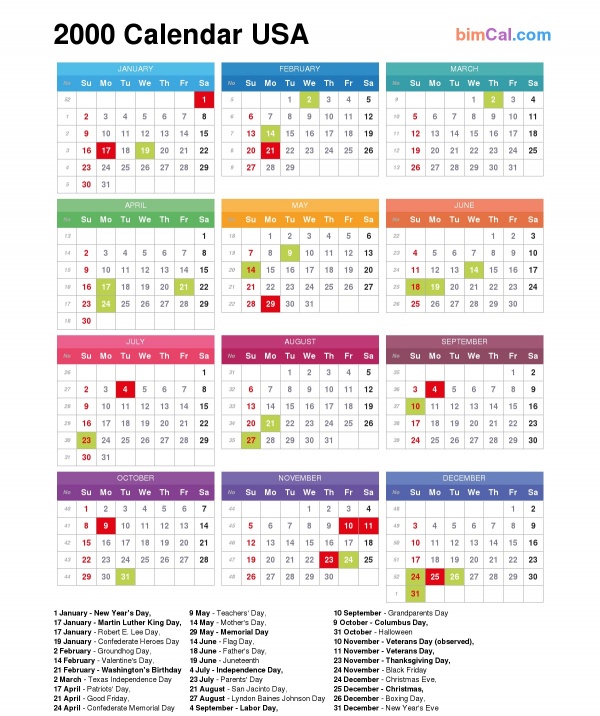 2000 Calendar USA - bimCal