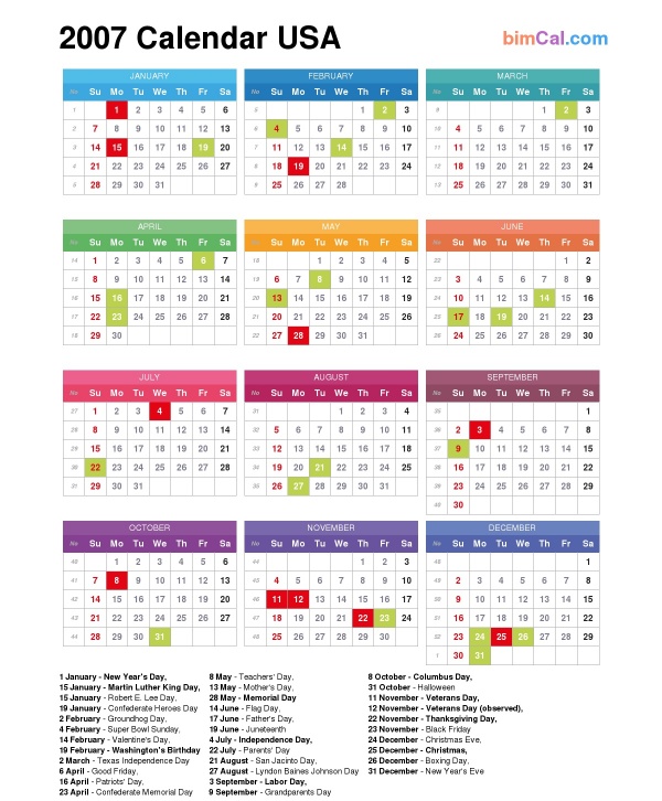 2007 Calendar USA - bimCal