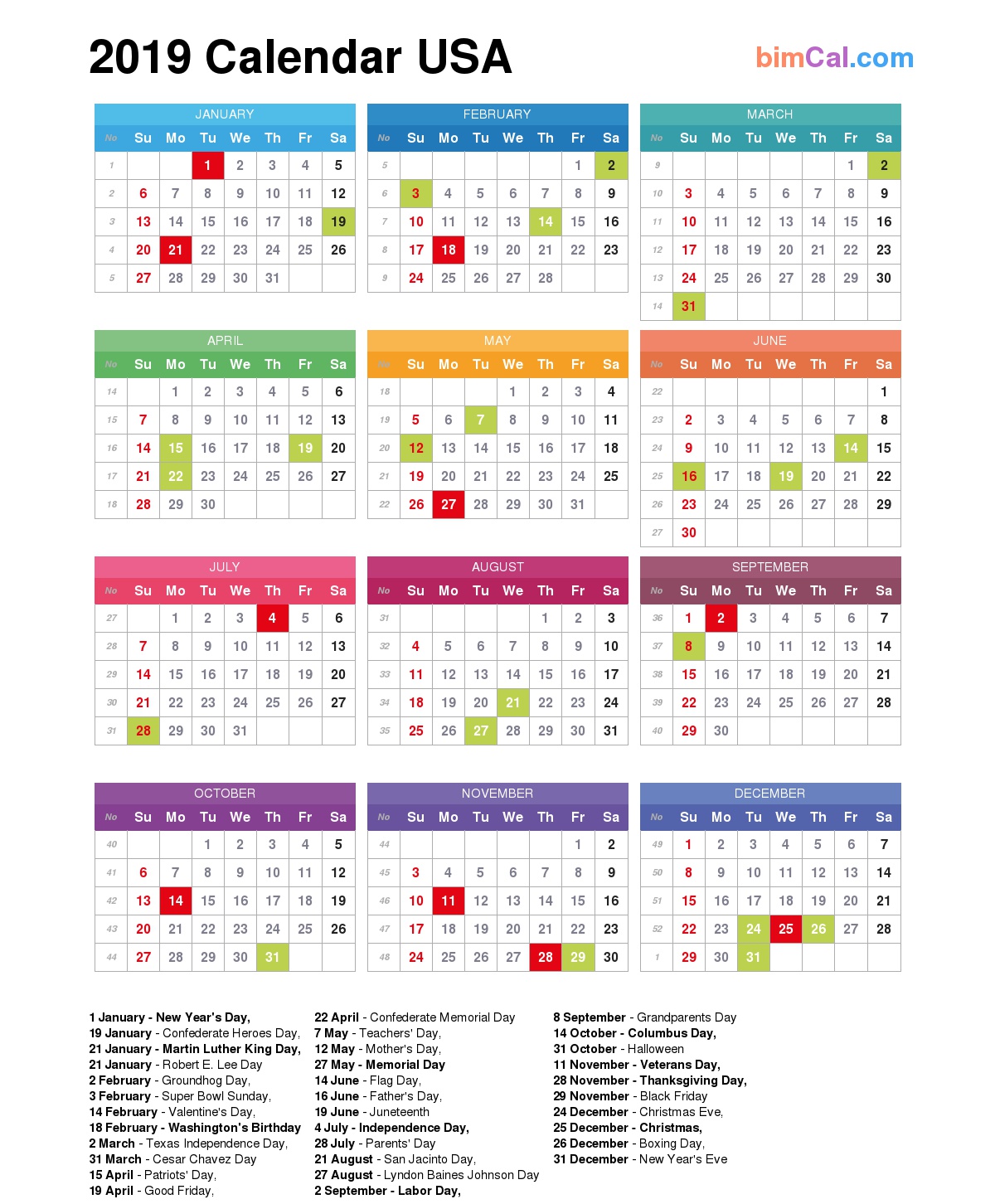 2019 Calendar USA - bimCal