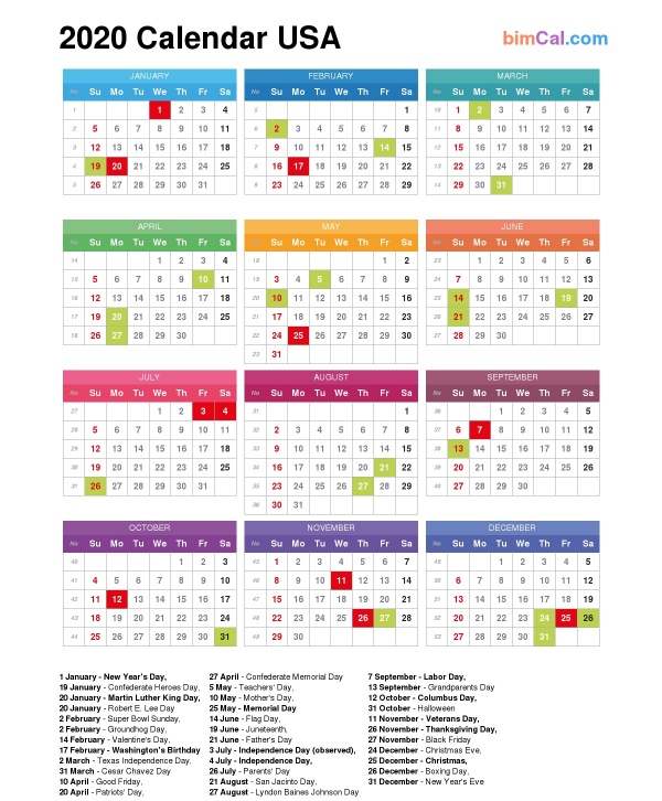 2020 Calendar USA bimCal
