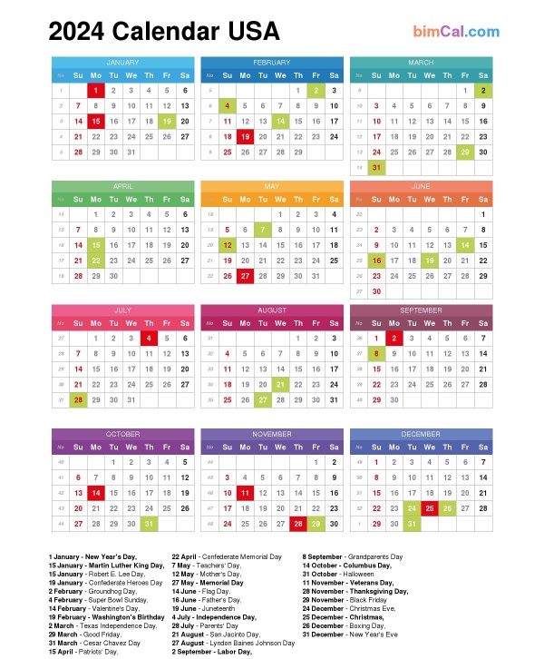 2024 Calendar USA - bimCal