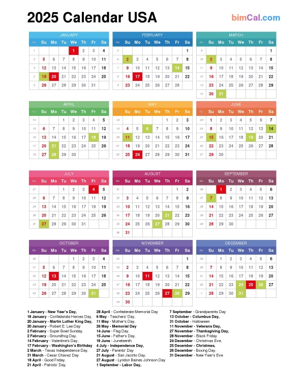 2025 Calendar USA - bimCal