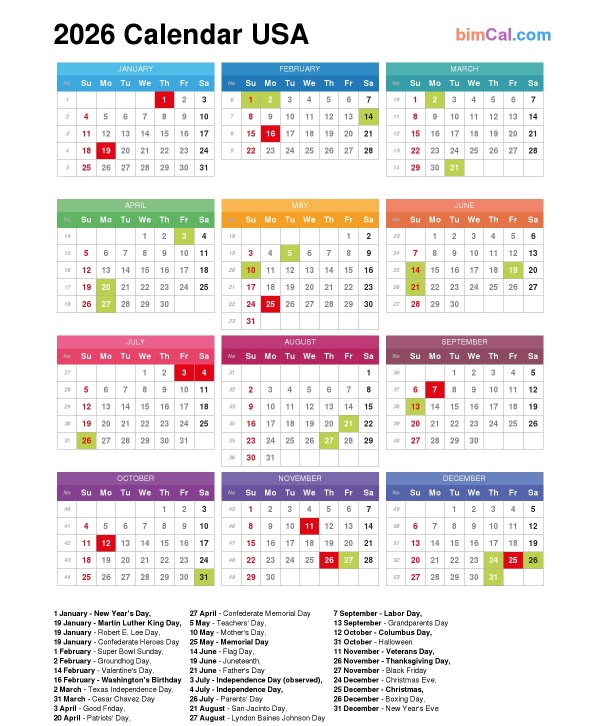 2026 Full Year Calendar with Holidays 2025 2026 2027 calendrier yearly