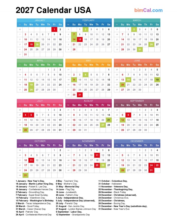 2027 Calendar USA - bimCal