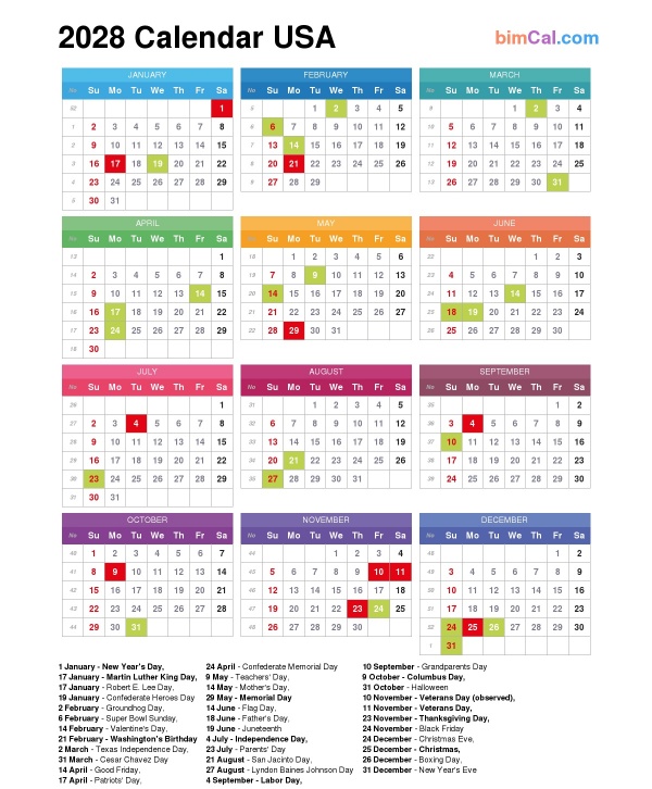 2028 Calendar Usa Bimcal