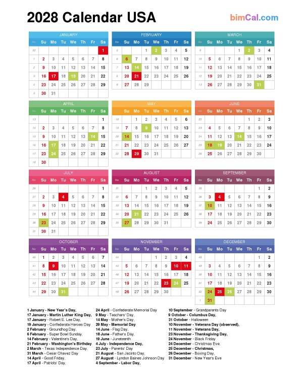 2028 Calendar USA bimCal