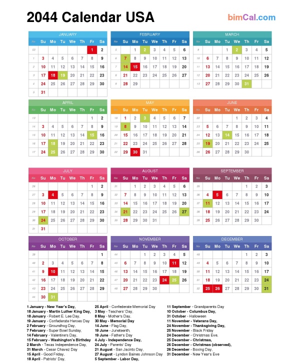 2044 Calendar USA - bimCal