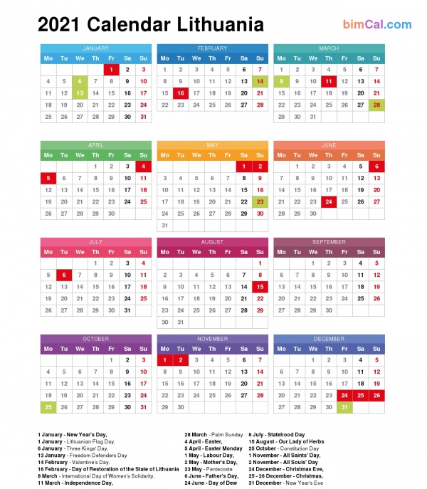 2021 Calendar Lithuania - public holidays and observances in Lithuania