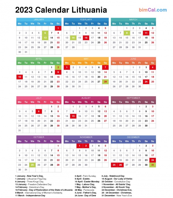 2023 Calendar Lithuania - public holidays and observances in Lithuania