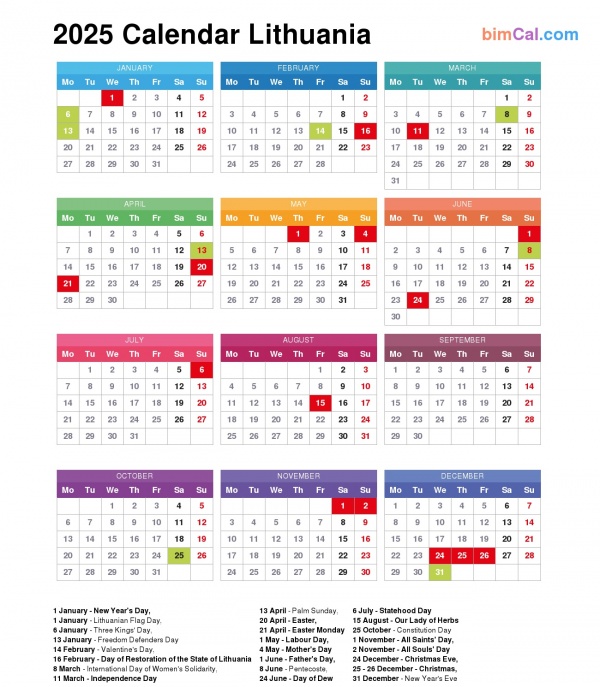 2025 Calendar Lithuania public holidays and observances in Lithuania