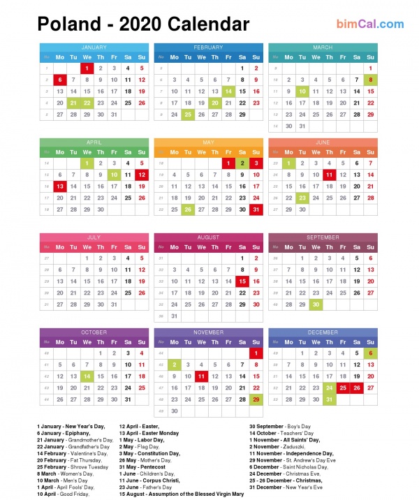2020 Calendar Poland - public holidays and observances in Poland