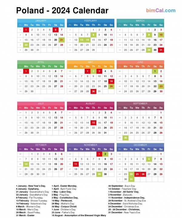 2024 Calendar Poland - public holidays and observances in Poland
