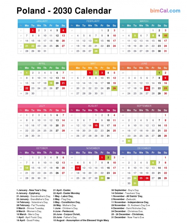 2030 Calendar Poland public holidays and observances in Poland