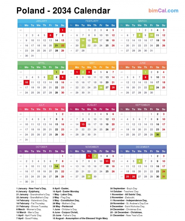 2034 Calendar Poland - public holidays and observances in Poland