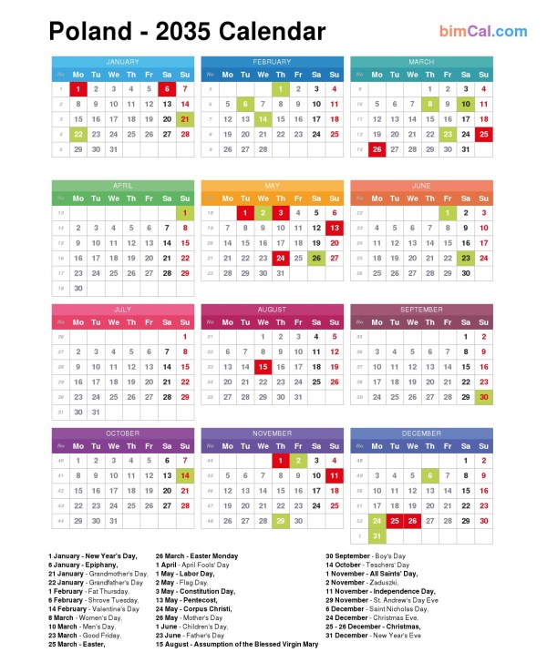 2035 Calendar Poland - public holidays and observances in Poland